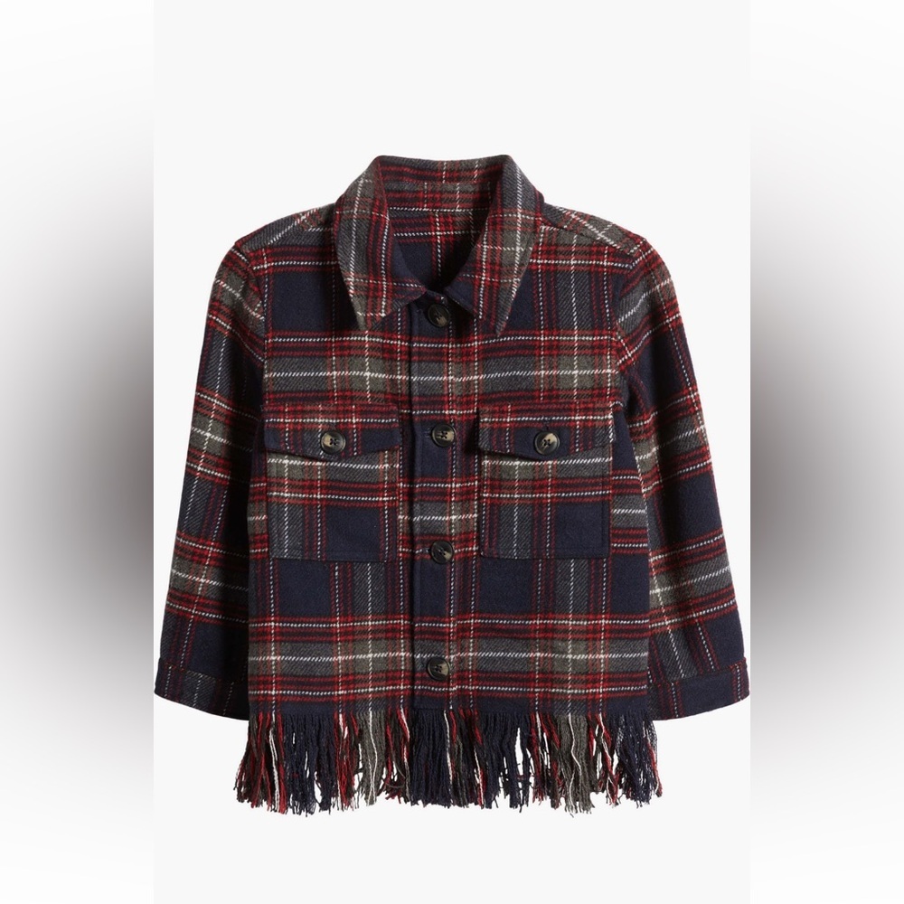 FRESHMAN Plaid Red & Black Jacket Button Up Shirt Fringe Hem Shacket Kids Large
